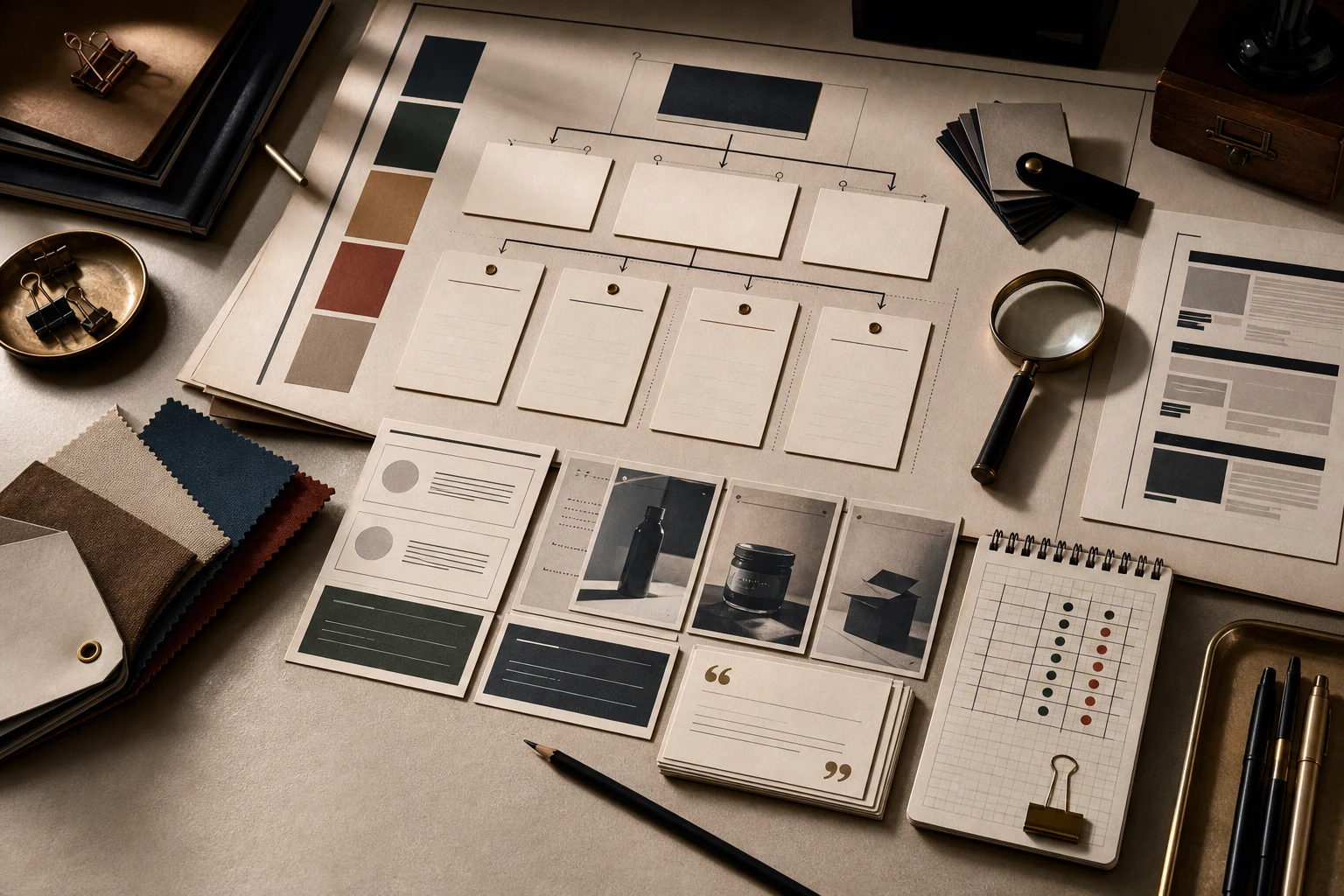 Editorial still life of messaging cards, proof sheets, color swatches, and brand cue materials.