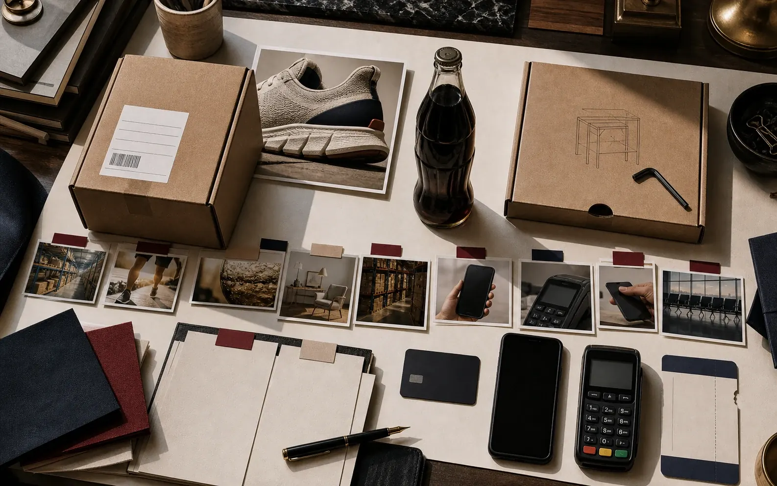 Original brand messaging examples still life showing proof objects, buyer surfaces, and blank evidence cards.