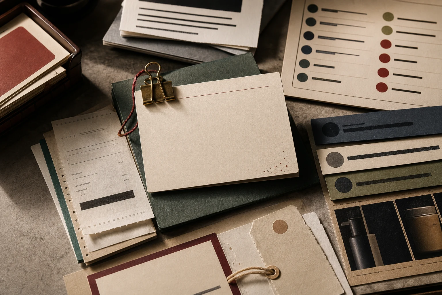 Close-up proof stack with blank promise card, evidence strips, packaging cards, and source paper.