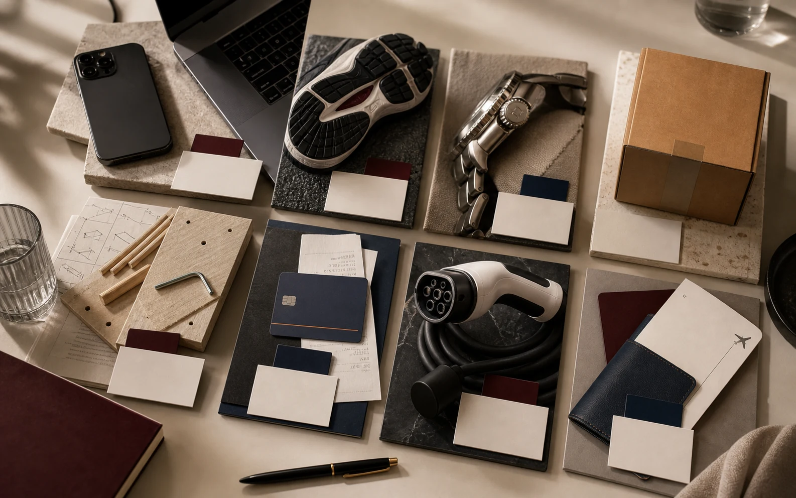 Original positioning examples still life showing buyer-choice objects, proof cards, and comparison stations.