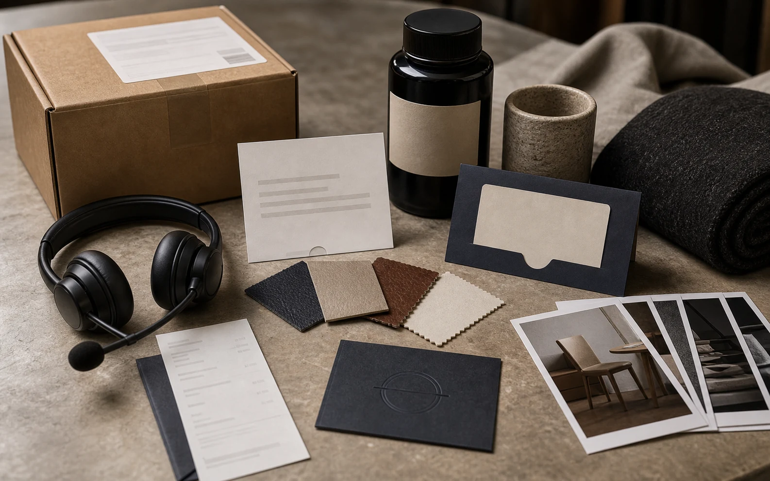 Brand proof point evidence layout with product detail sample, material swatches, delivery box, service recovery card, support headset, receipt fragment, and source photos.