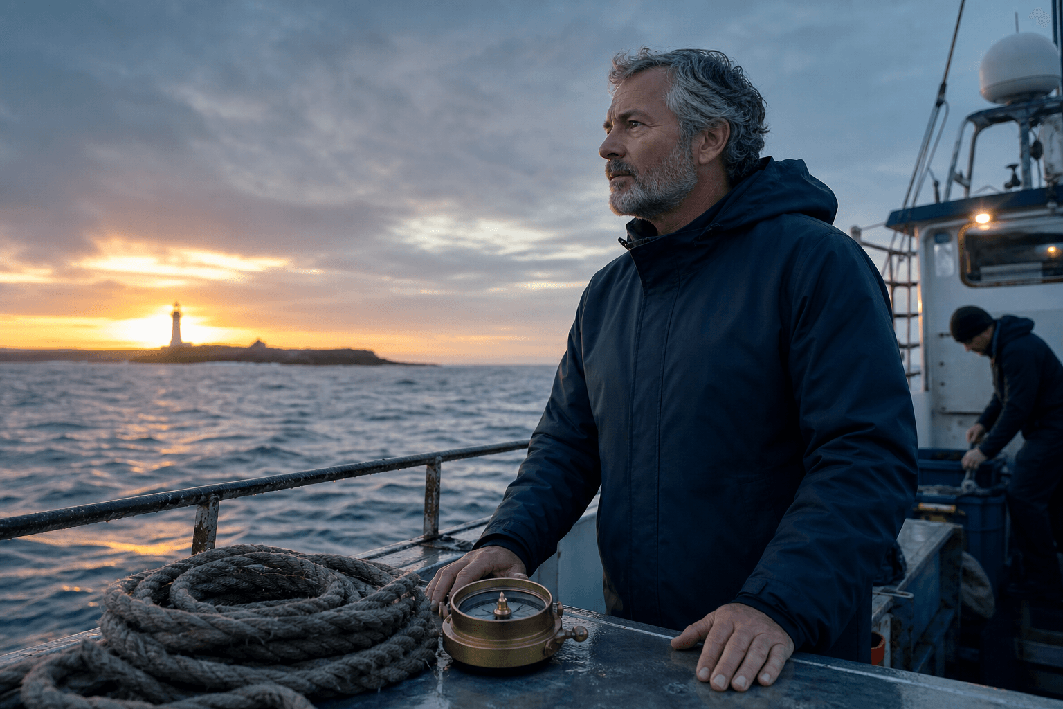An expedition leader using a compass at sea while a lighthouse marks the long-term direction.