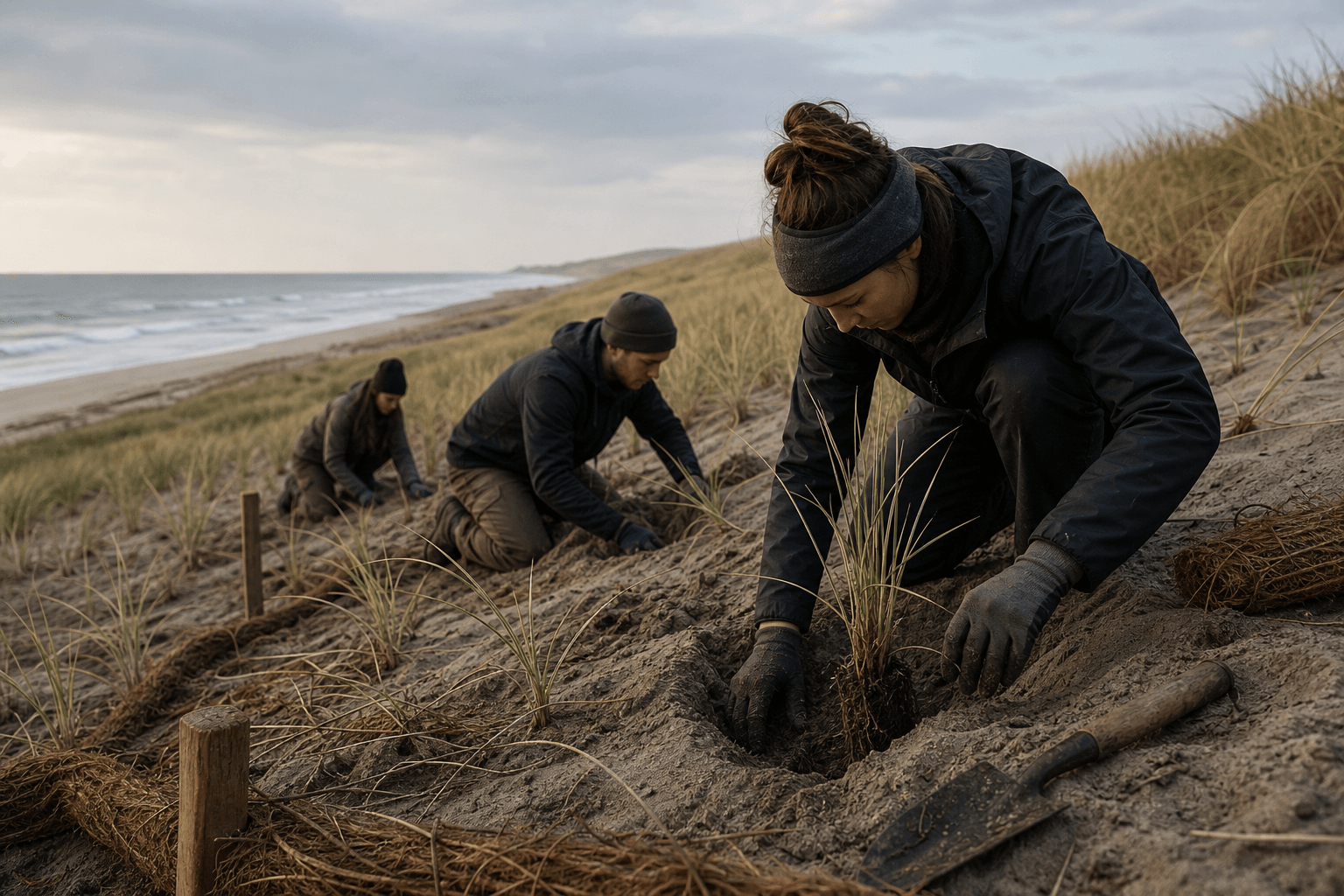 A crew restoring coastal dunes through visible, repeated planting work.