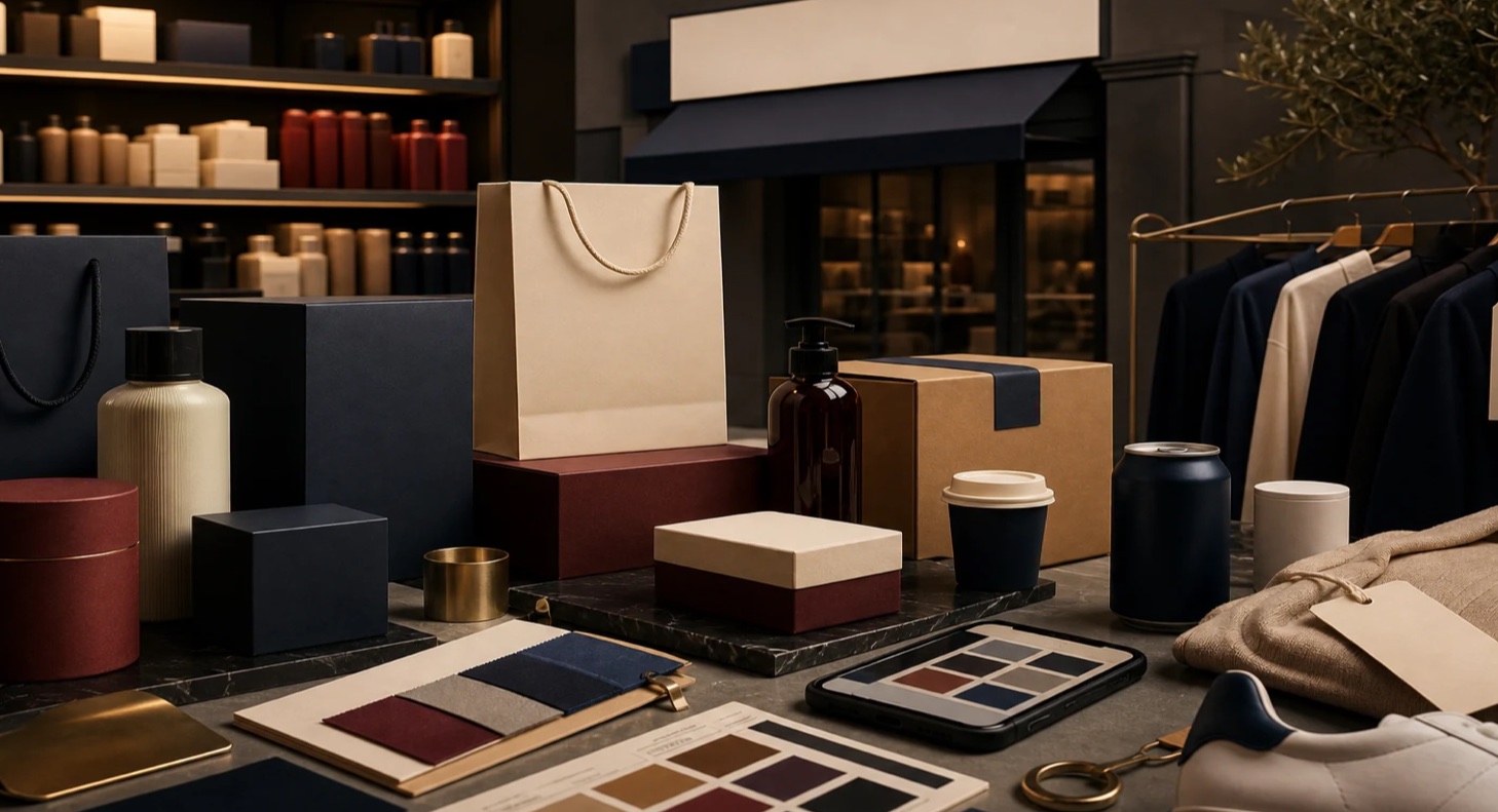 An editorial brand system spanning packaging, retail, apparel, product materials, and service cues across sectors.