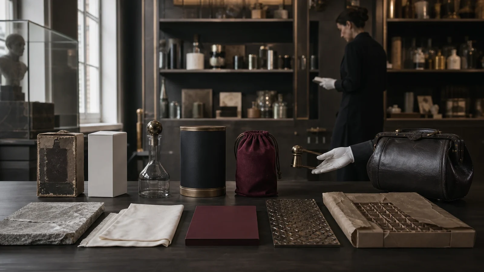 Museum-like evidence shelf with product forms, archival objects, and a curator comparing brand proof.