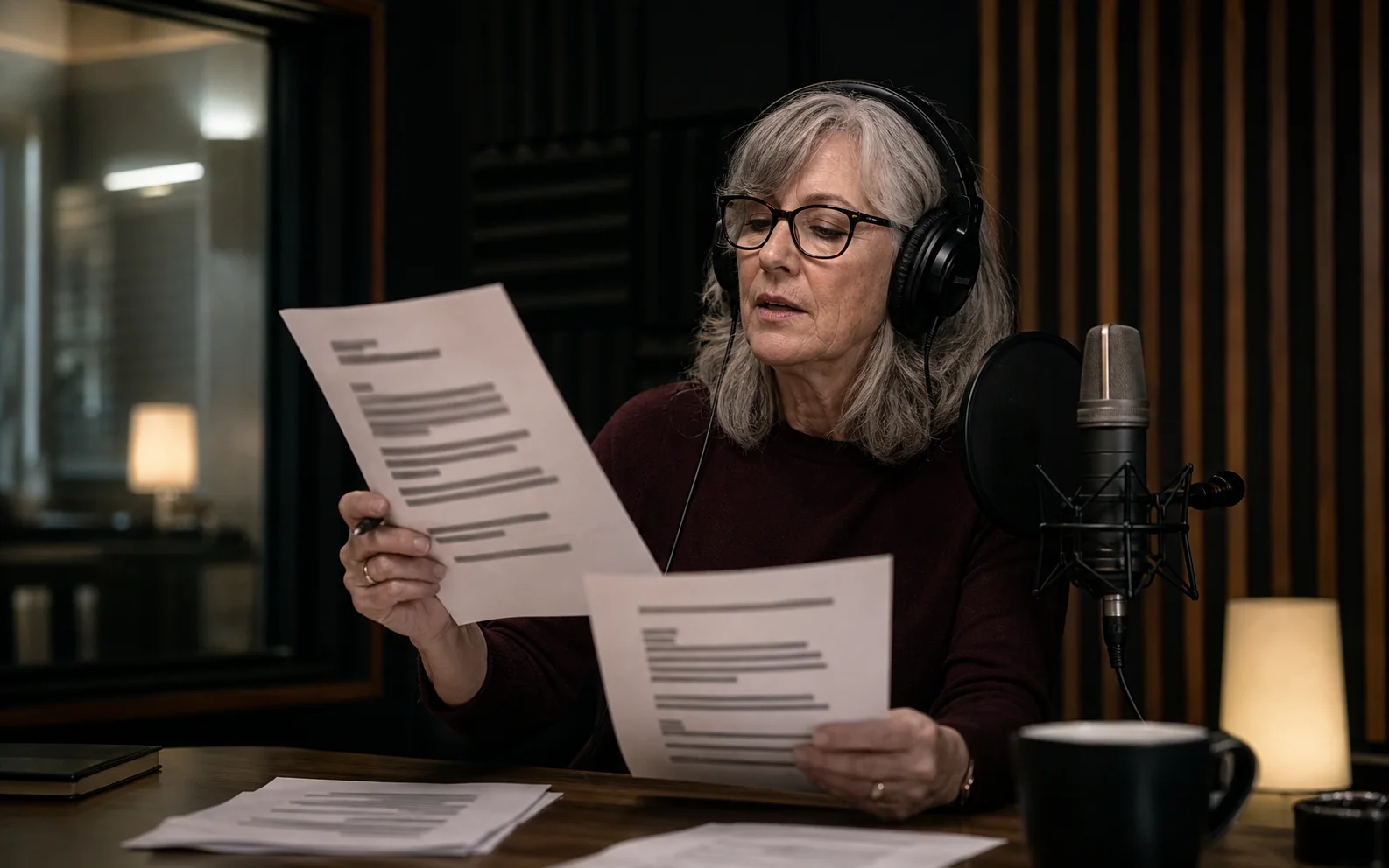 Senior voice editor recording and comparing spoken scripts in an acoustic studio.