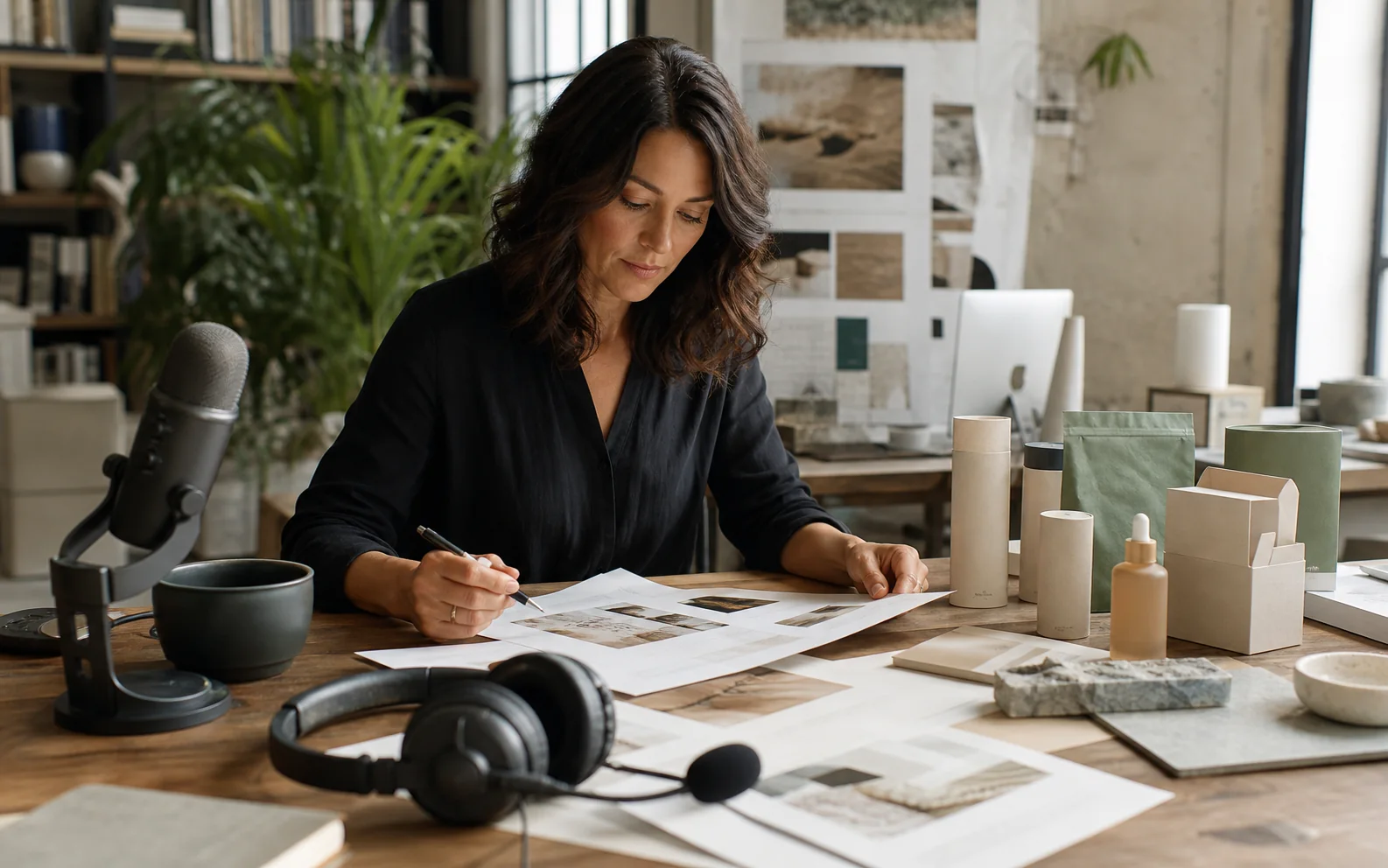 Editor comparing microphone, service headset, and packaging surfaces for one consistent brand voice.