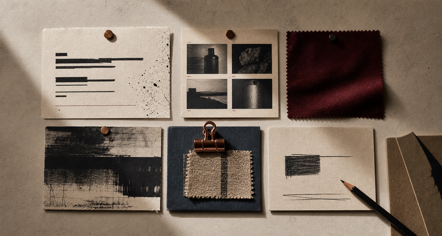 Close-up proof board with voice cards, abstract redaction marks, fabric swatches, pencil marks, and archive paper.