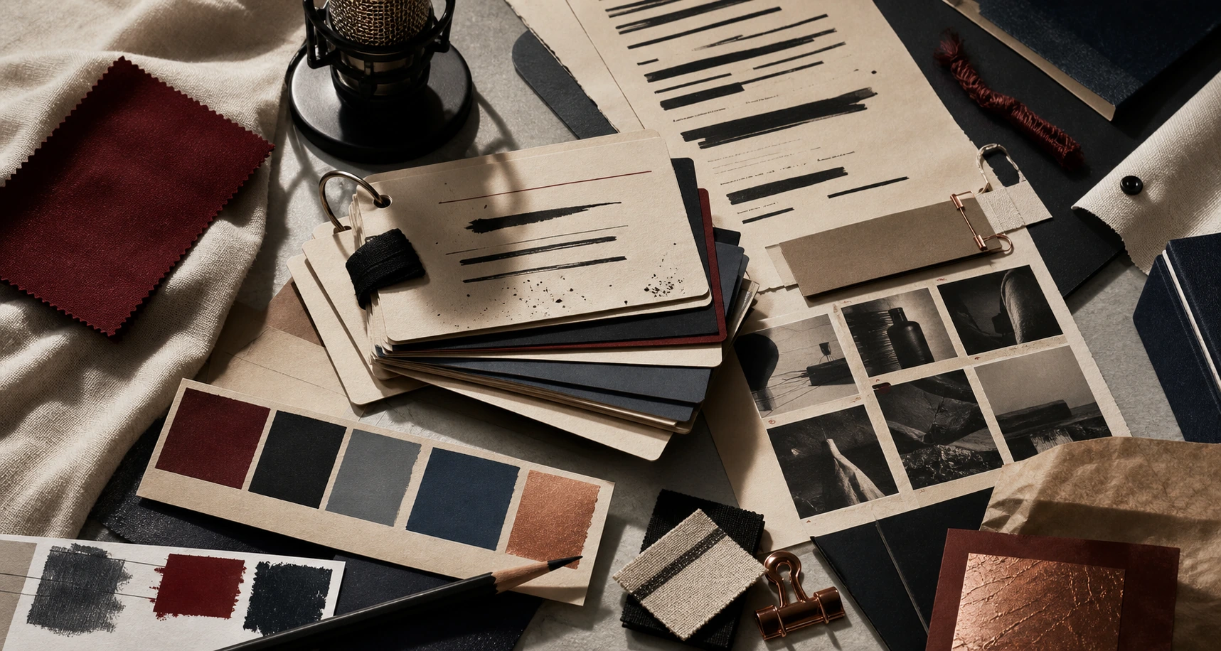 Editorial still life of brand voice cards, proof sheets, swatches, and archive materials.