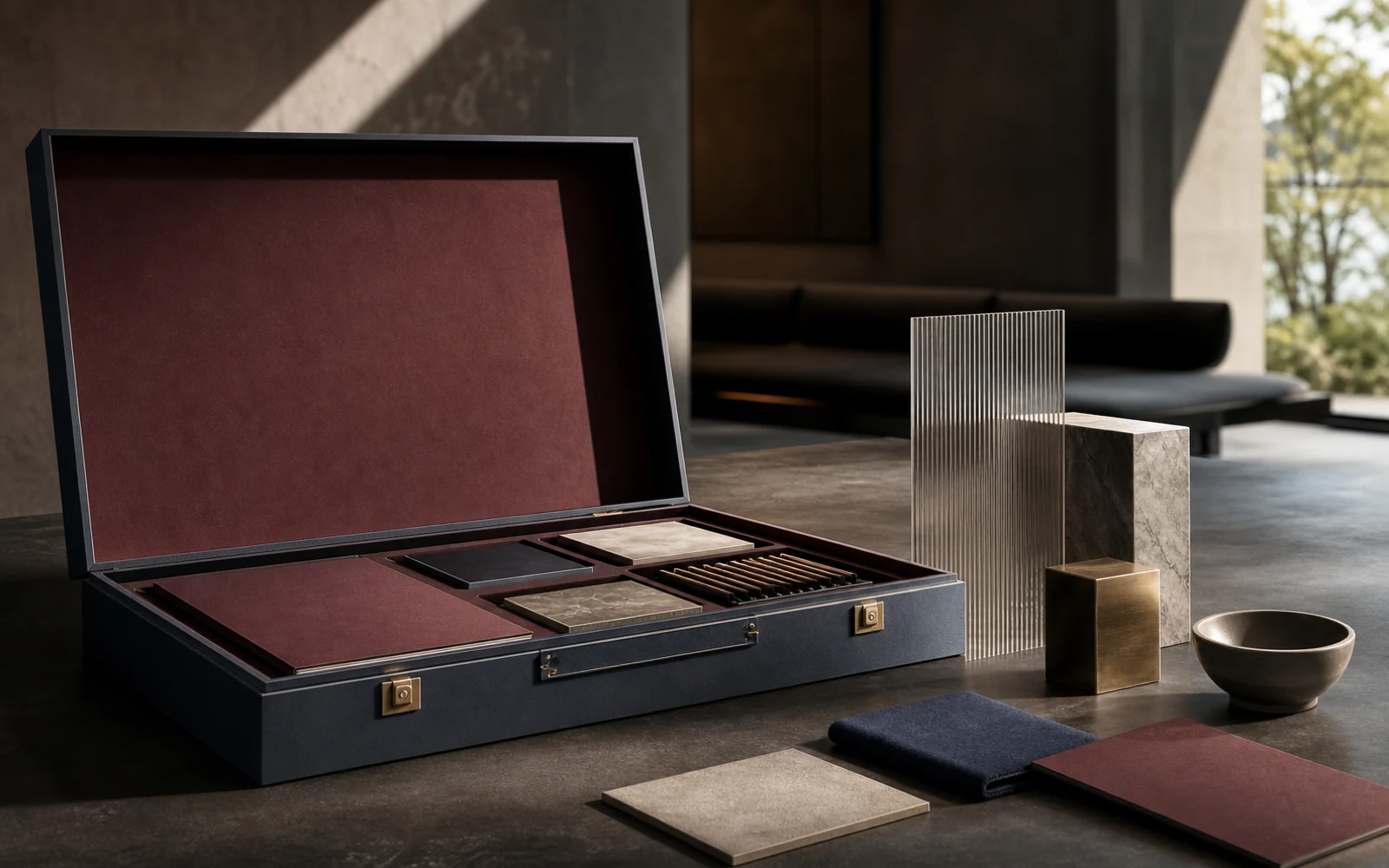Premium presentation case holding coordinated but distinct unbranded products and service objects arranged by hierarchy.