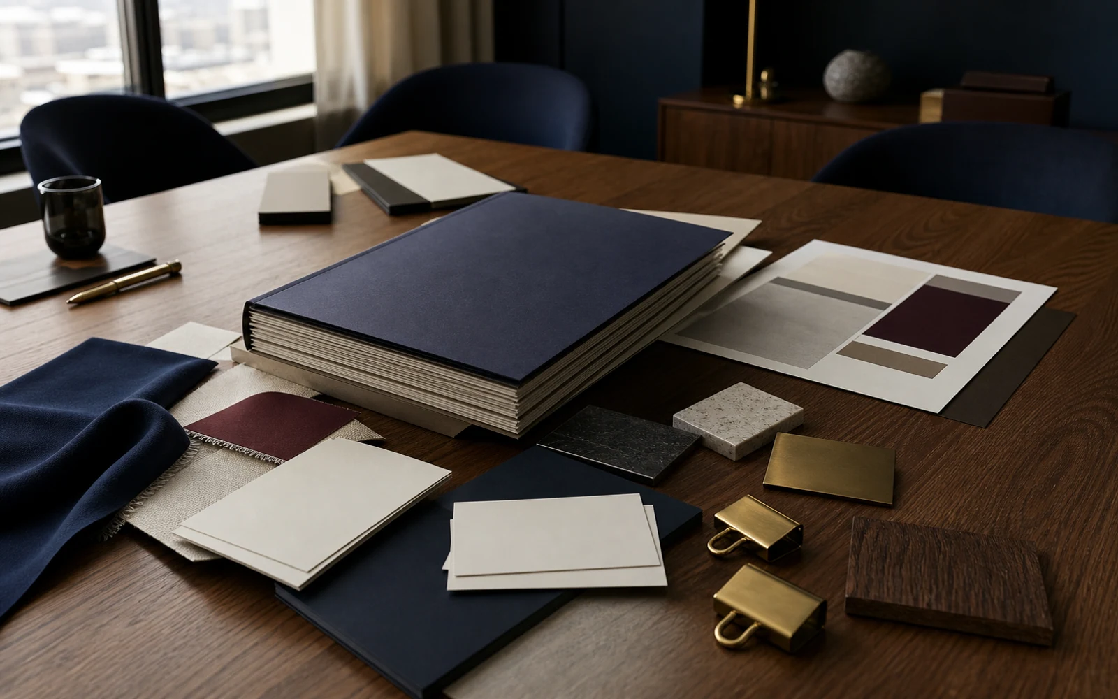 Premium physical brand decision packet with blank folders, comparison cards, material samples, and print proofs on an oak work surface.