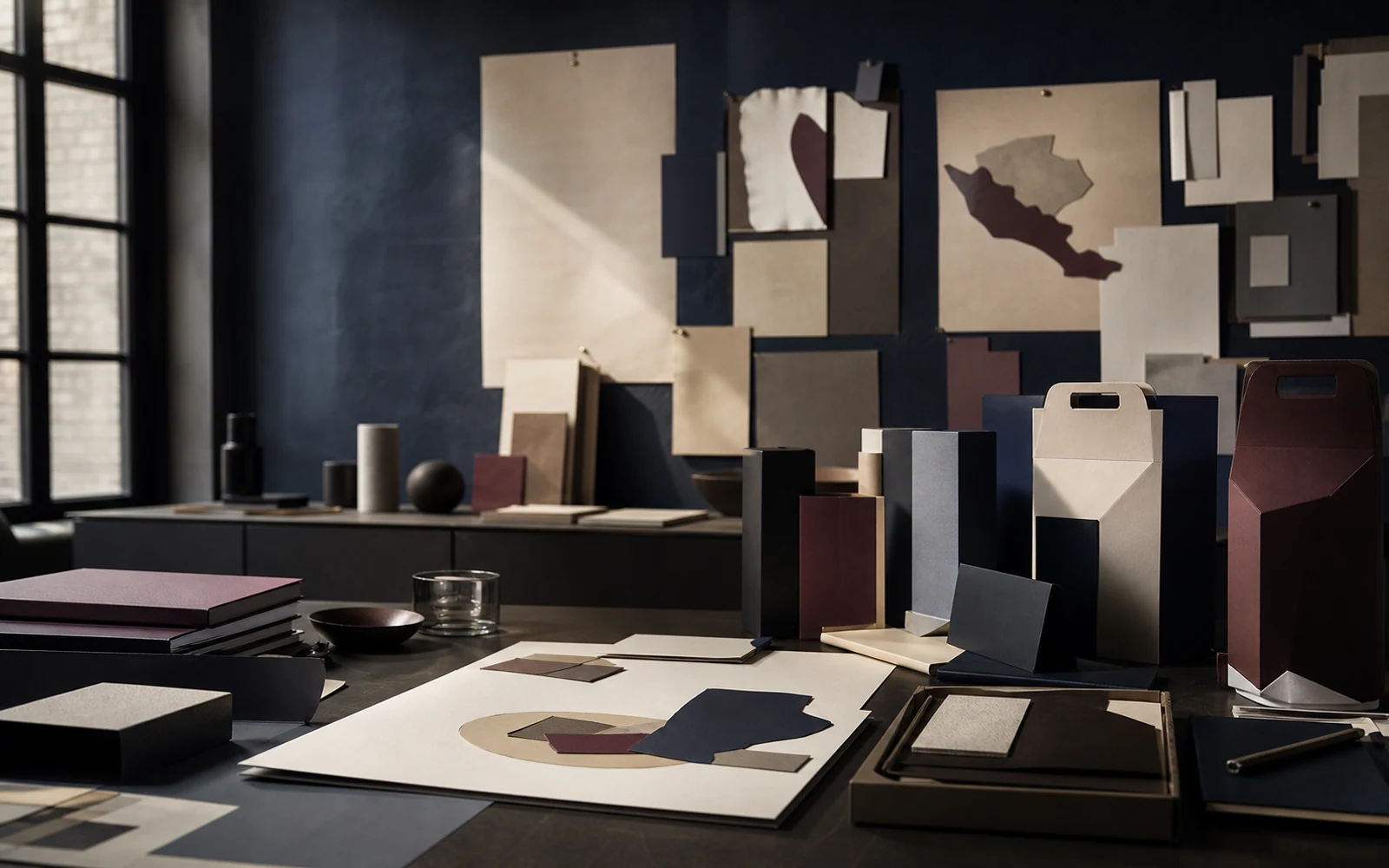 Premium repositioning studio with unbranded product prototypes, material samples, and market evidence arranged for review.