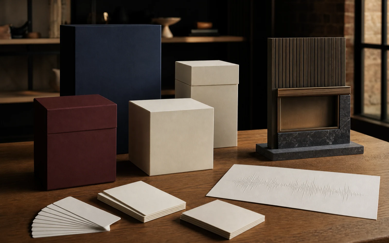 Premium naming studio with unbranded product boxes, a storefront material sample, blank candidate cards, and embossed sound patterns.