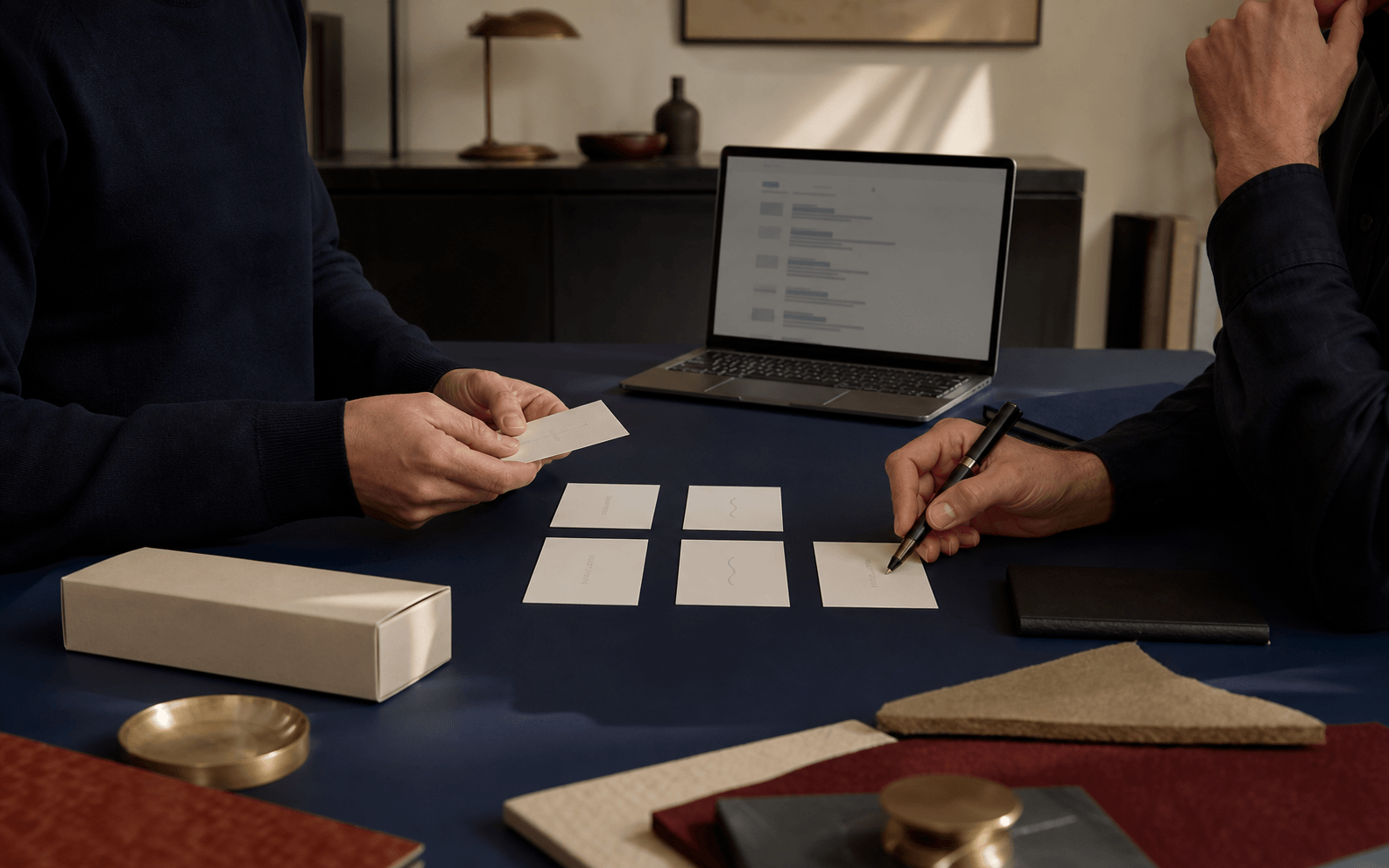 Decision makers compare blank name cards against search and packaging contexts during a private naming review.