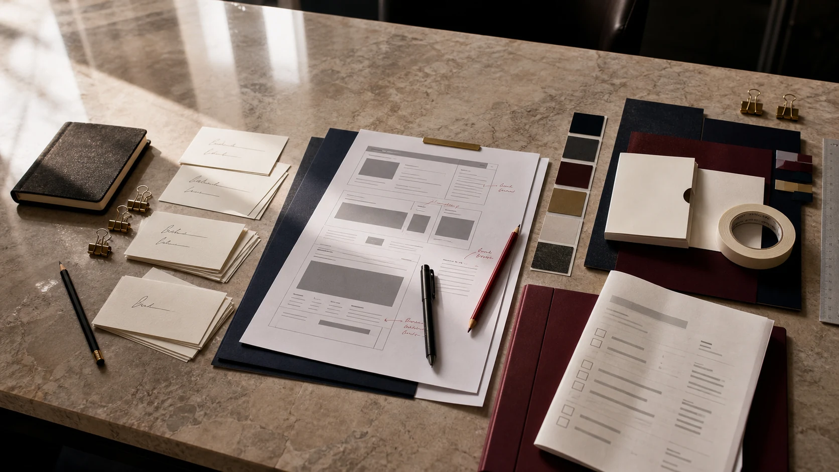 Brand decision triptych with naming, messaging, and rebrand-risk work surfaces in navy, gold, cream, and wine colors.