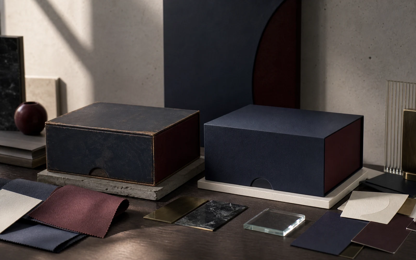 Premium old and new unbranded package systems connected through shared materials and color cues in a rebrand transition studio.