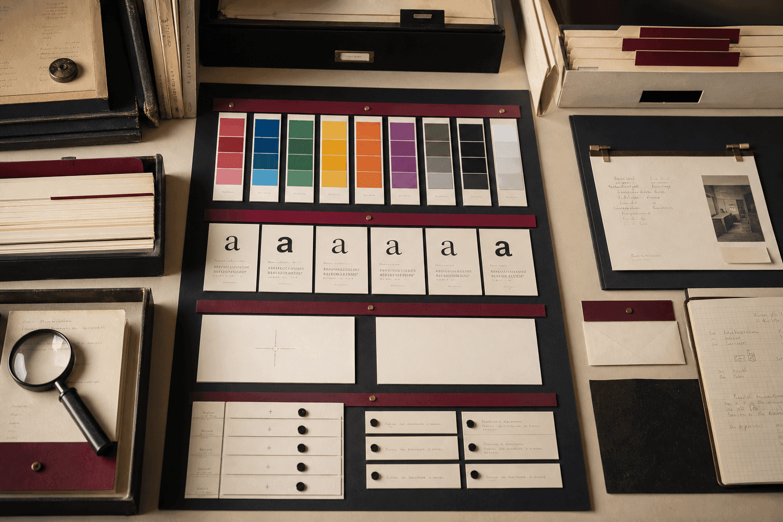 Premium archive-table still-life with alphabetized brand terminology cards, source folders, and reference tools.