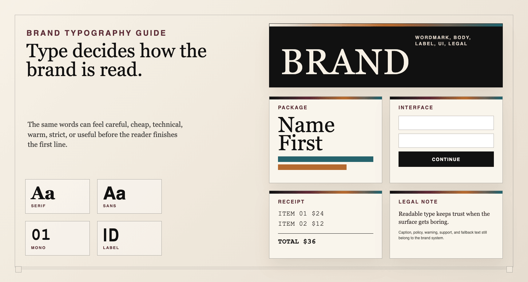 Brand type system board with font samples and approval notes.