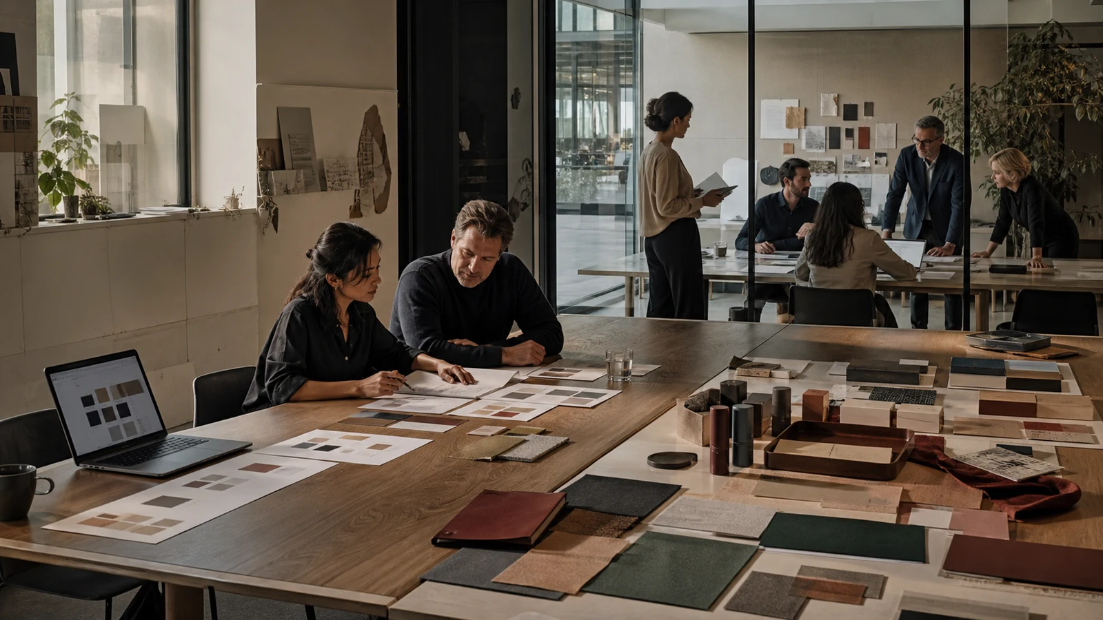 A branding studio progressing from a self-serve screen to a designer consultation and a multidisciplinary agency room.