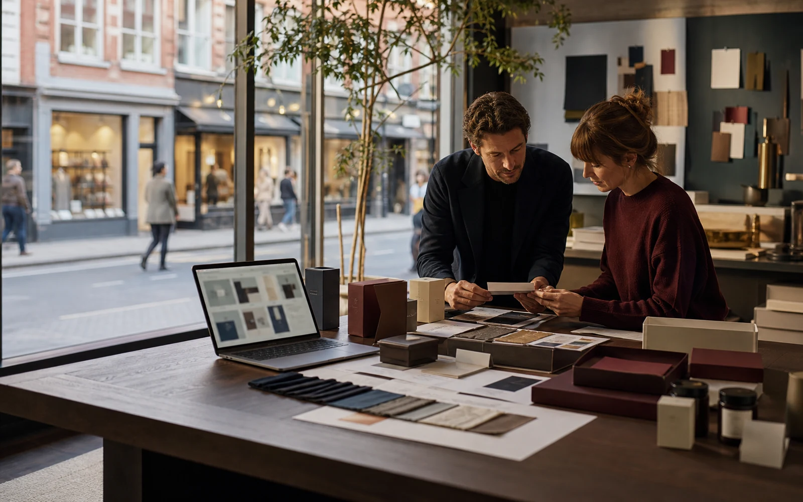 Business owner and designer reviewing packaging, material, and digital brand choices in a working studio beside a retail street.