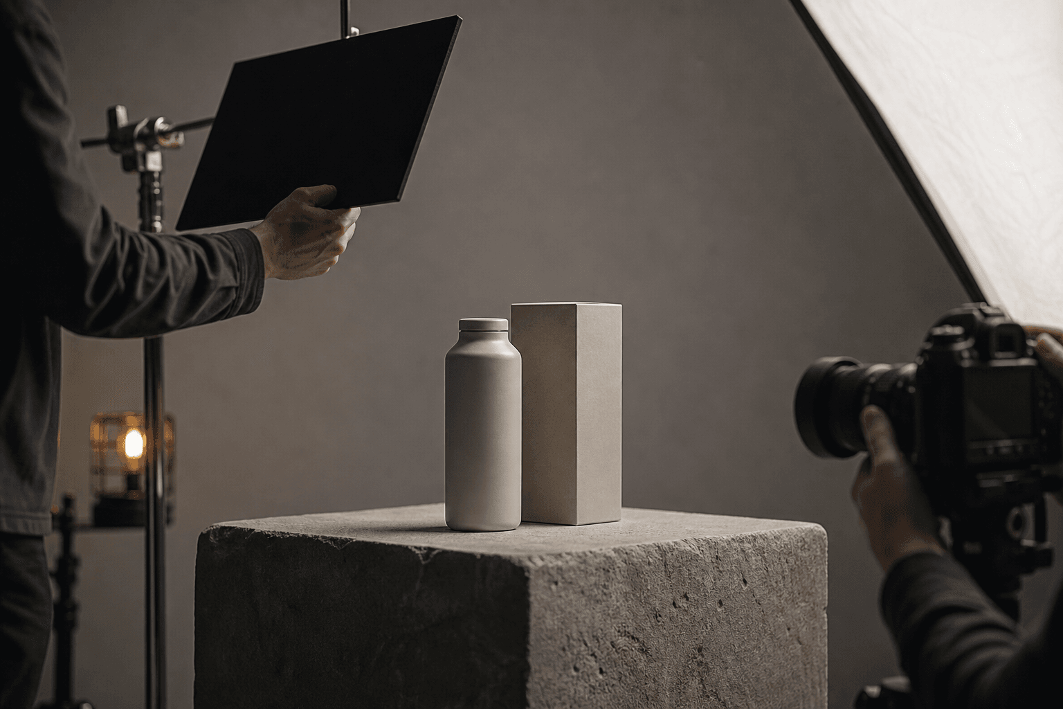 A product photographer and lighting assistant preparing a campaign image around a durable unbranded product system.