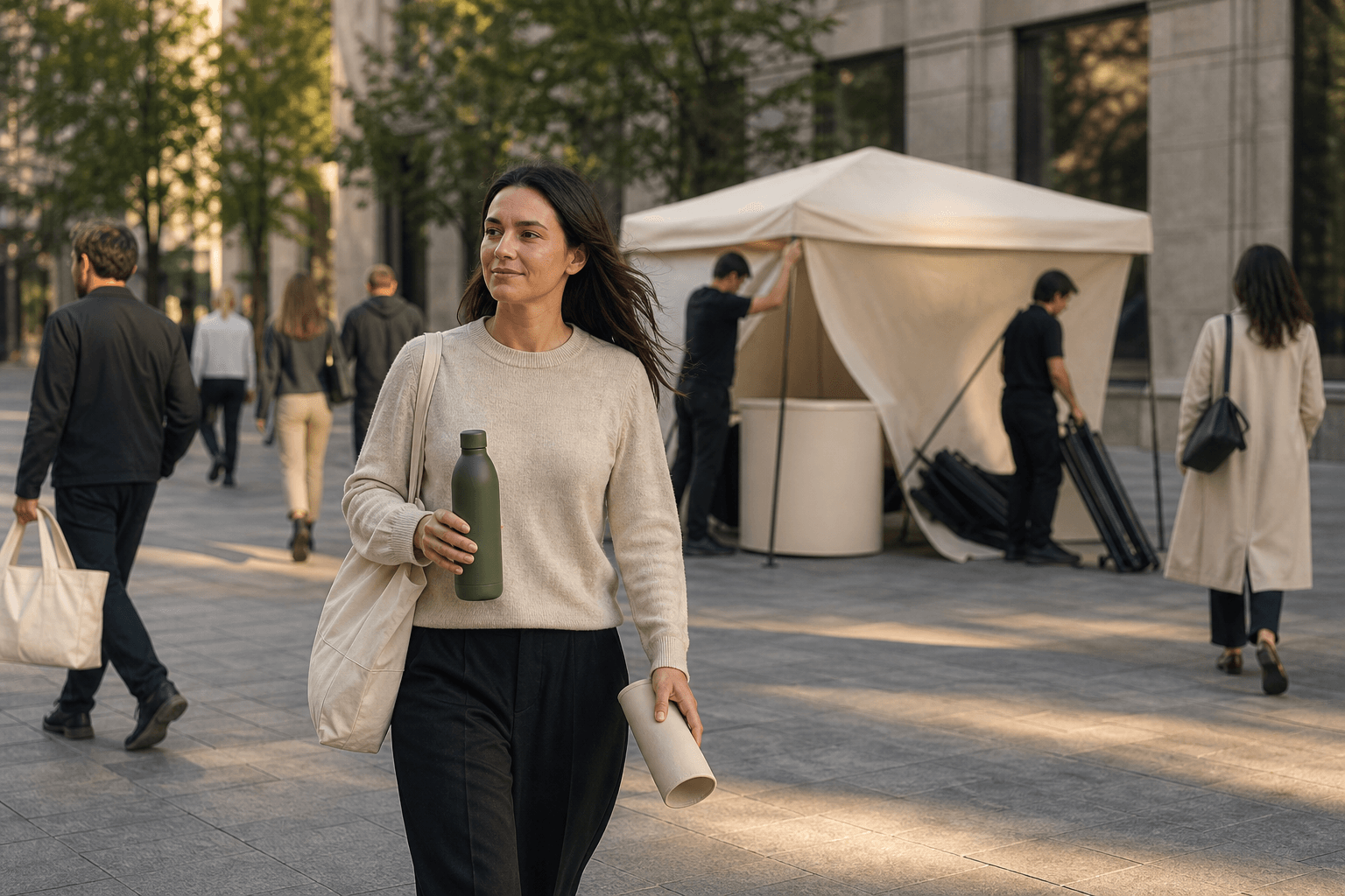A customer continuing to use an unbranded product while a temporary promotion is dismantled behind her.