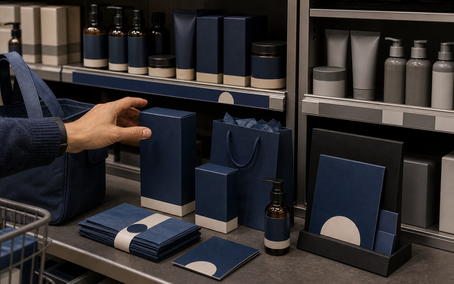 Color ownership proof visual showing a repeated blue cue across retail packaging and shelf surfaces without text.