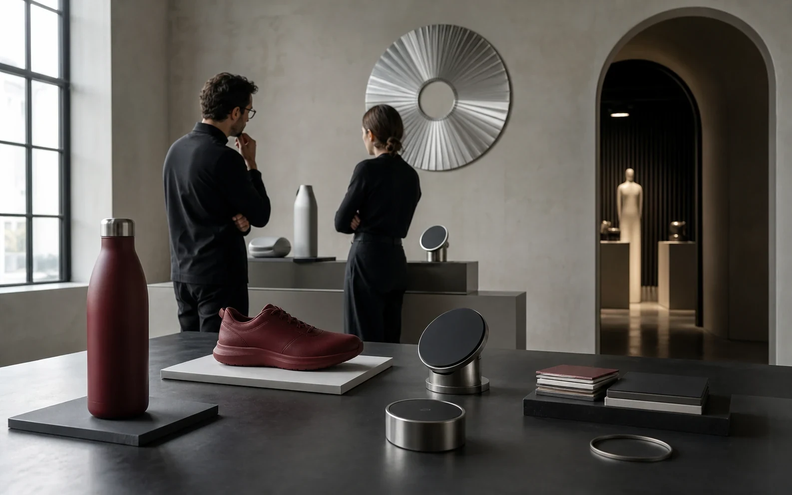 Design studio with repeated physical shapes tested across packaging, products, and environments.
