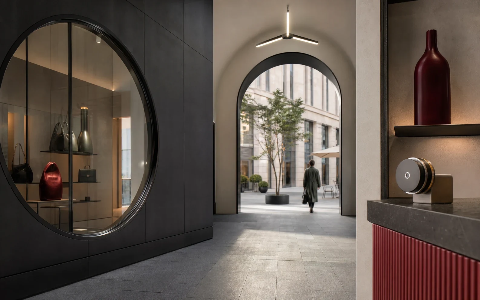 Architectural retail scene built from circles, arches, stripes, and product silhouettes without logos or text.