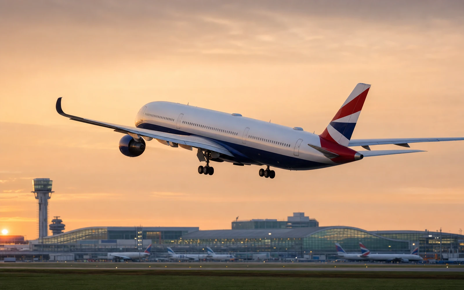 A long-haul passenger aircraft departs Heathrow at sunrise.