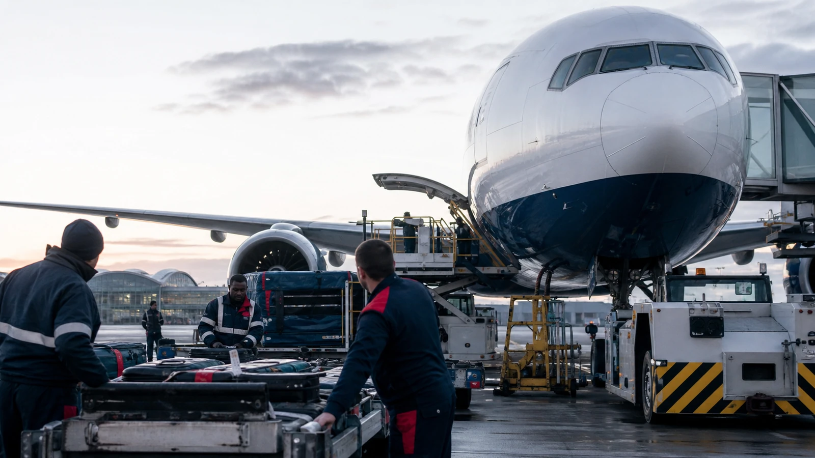 Ground teams coordinate a widebody turnaround.