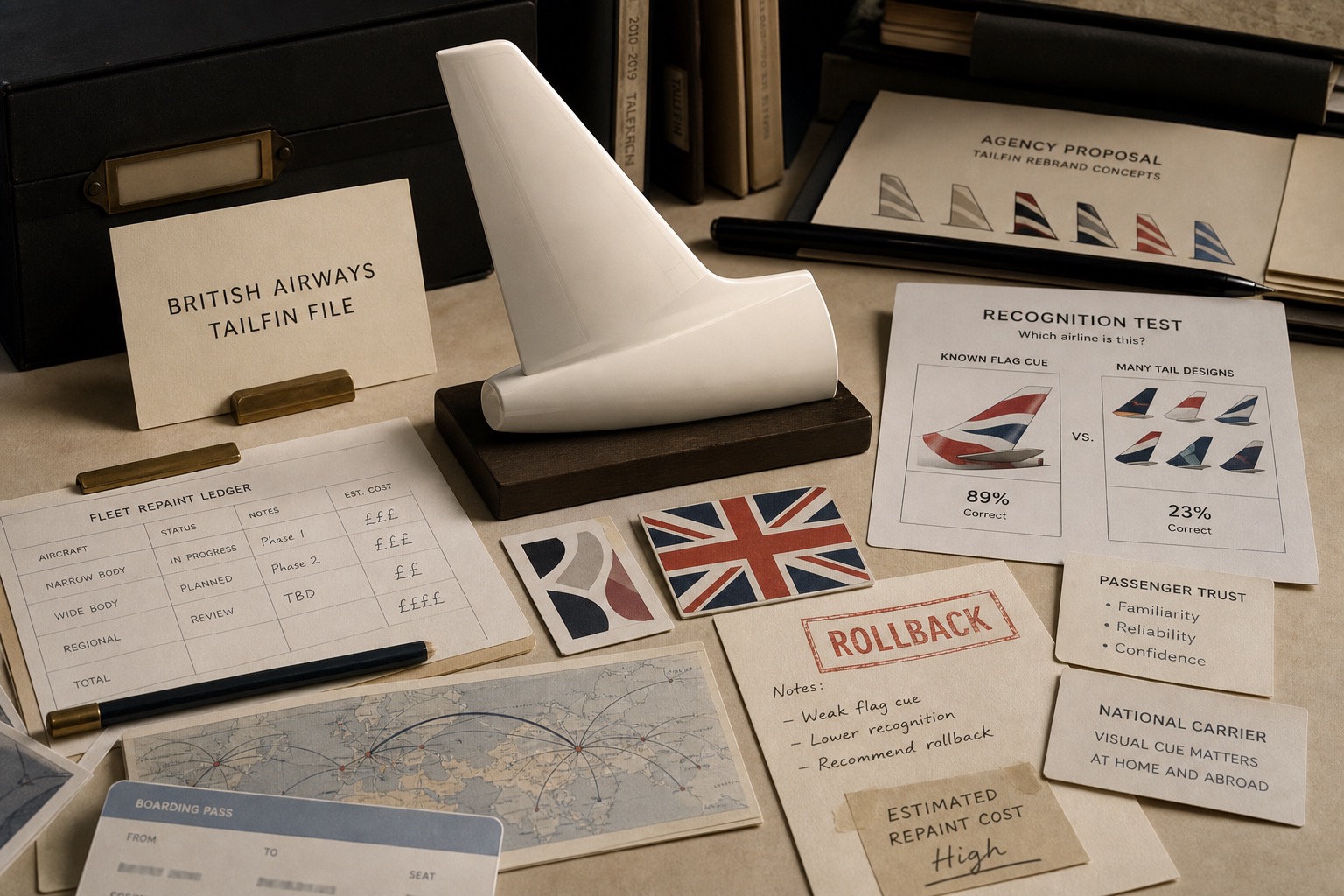 Premium editorial archive still-life of a British Airways tailfin rebrand case with source-mark card, generic aircraft tail model, flag cue cards, route map, recognition test, rollback stamp, repaint ledger, and agency proposal folder