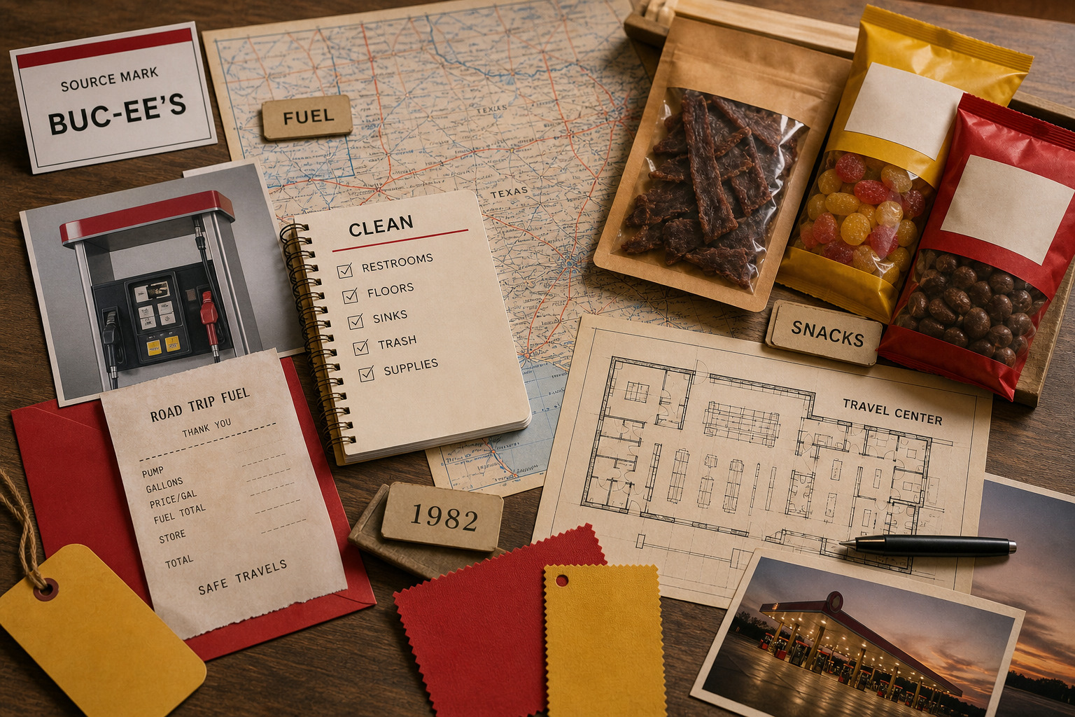 Premium editorial archive still-life of a Buc-ee's road trip convenience case with red and yellow travel swatches, highway map, fuel pump card, clean restroom checklist, snack wall grid, receipt strip, oversized store plan, and 1982 origin file
