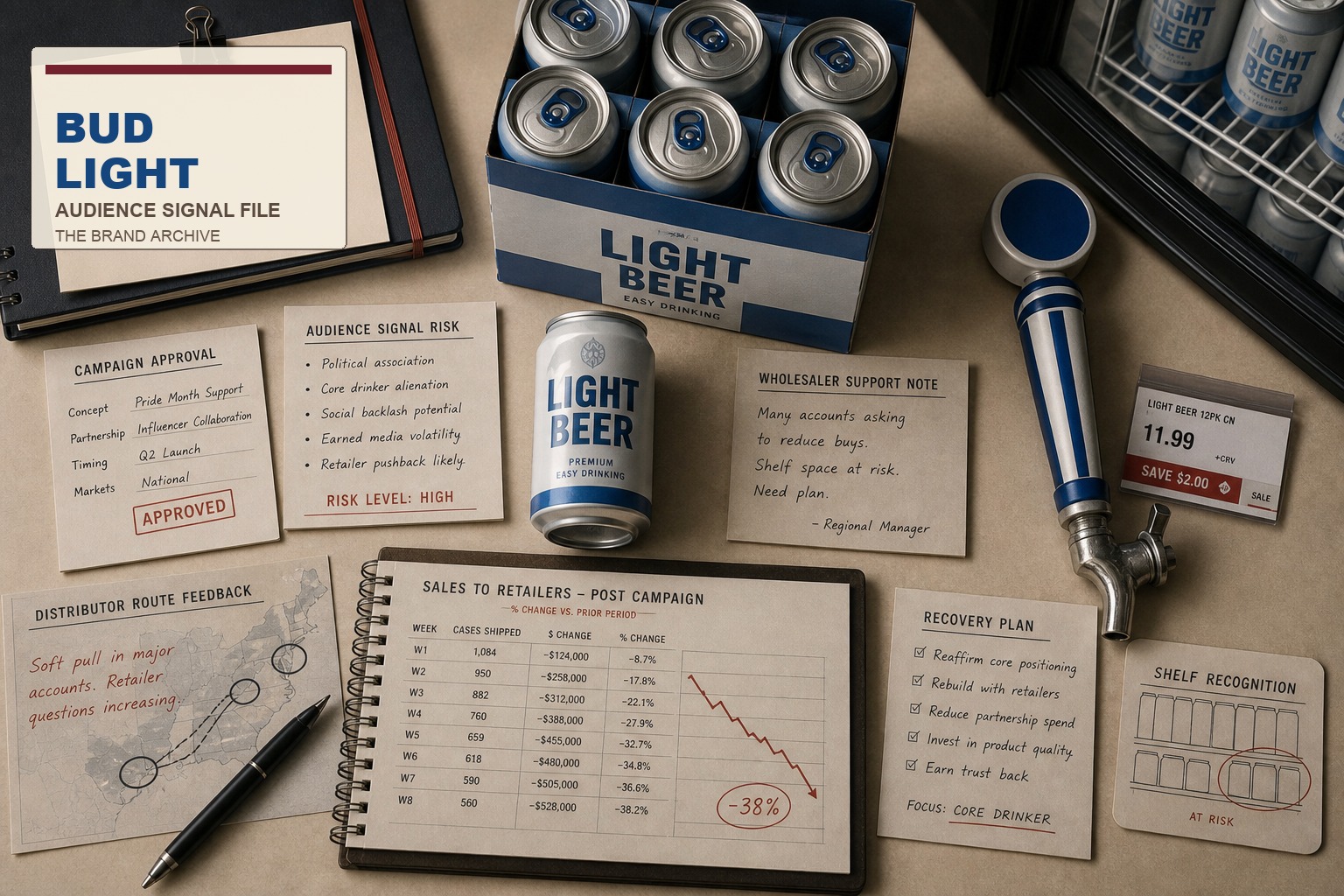 Premium editorial archive still-life of a Bud Light audience-signal backlash case with editorial Bud Light source-mark card, generic light beer cans, route feedback, campaign approval card, audience-signal risk note, sales-to-retailers ledger, shelf-recognition card, and recovery plan