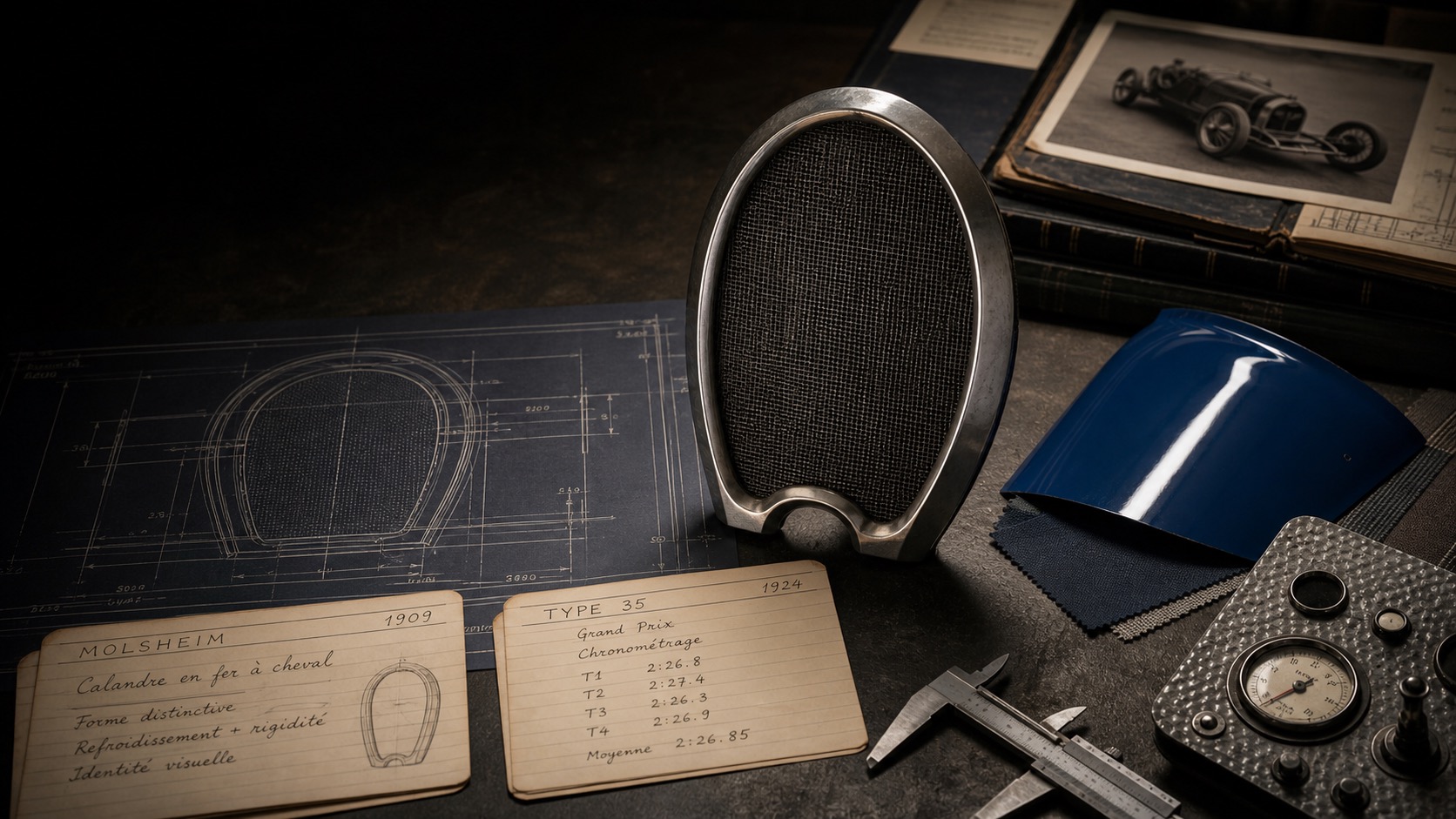 Premium editorial archive still-life of a Bugatti horseshoe-grille case with horseshoe radiator study, 1909 Molsheim card, 1924 Type 35 timing sheet, blue bodywork swatch, engineering blueprint, grille outline, leather sample, and calipers