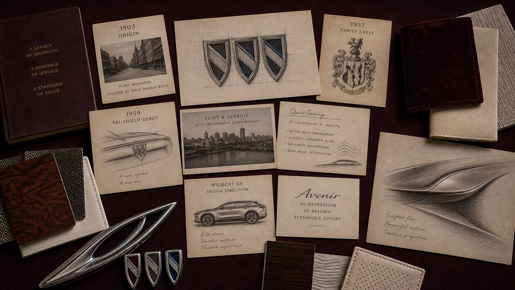 Premium editorial archive still-life of a Buick tri-shield case with three-shield emblem study, 1903 origin card, 1937 crest card, 1959 tri-shield debut card, Wildcat EV design note, QuietTuning acoustic sample, Avenir swatches, chrome trim, and surface sketch