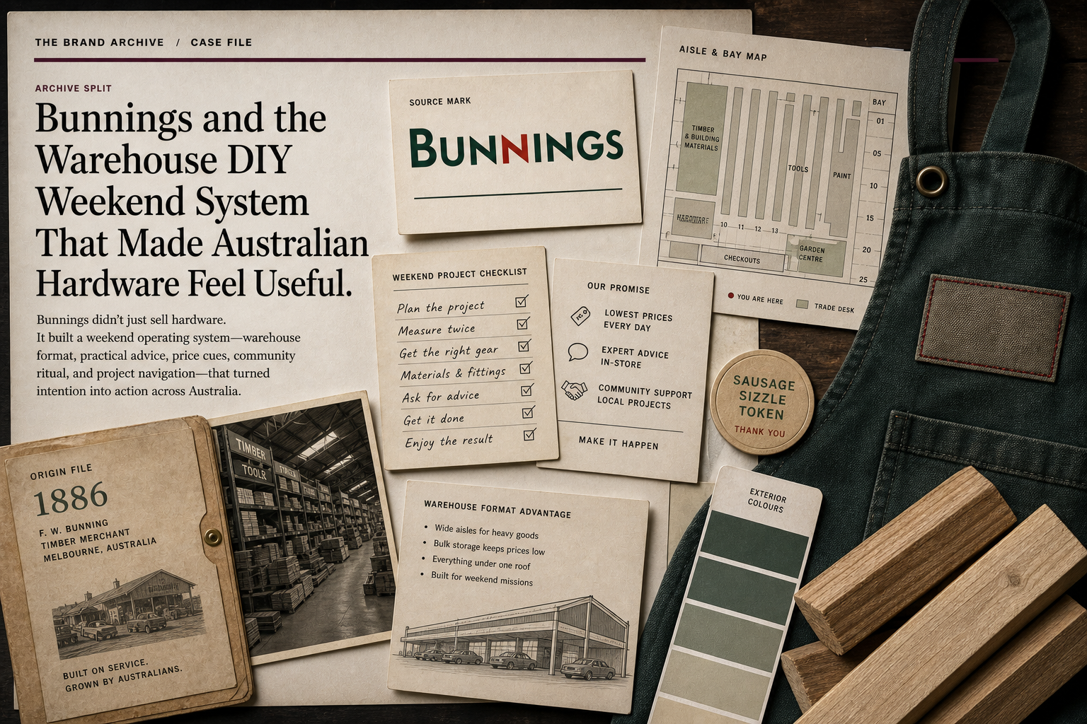 Premium editorial archive still-life of a Bunnings warehouse DIY weekend case with source-mark card, green apron, timber offcuts, paint swatches, sausage sizzle token, aisle bay map, weekend project checklist, and 1886 origin file