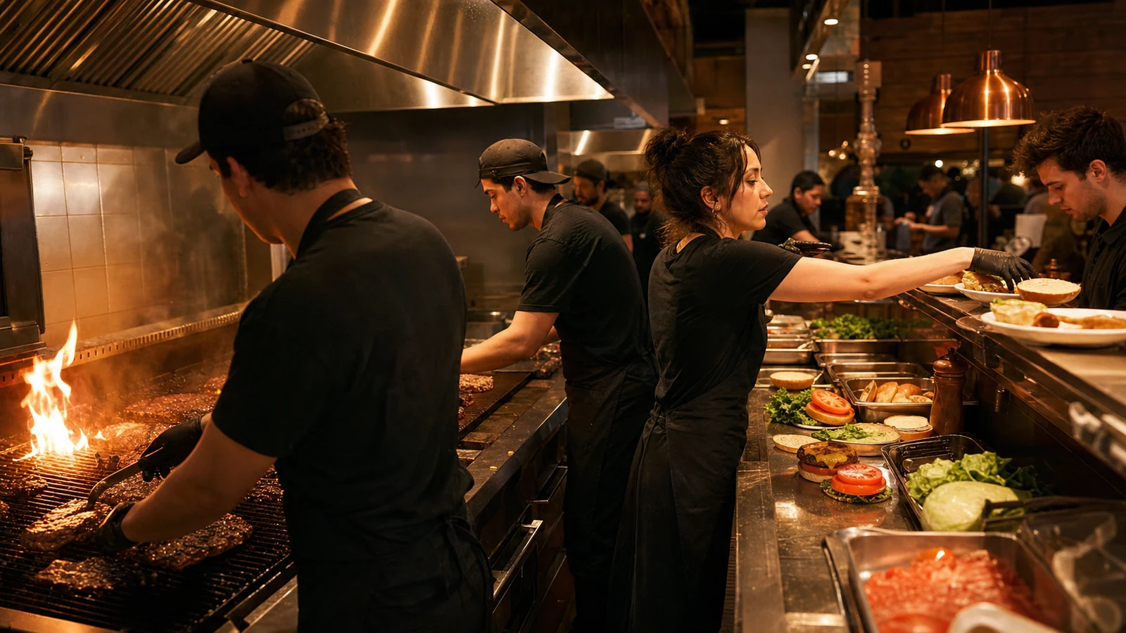 Restaurant crew coordinate a high-volume flame grill and order handoff.