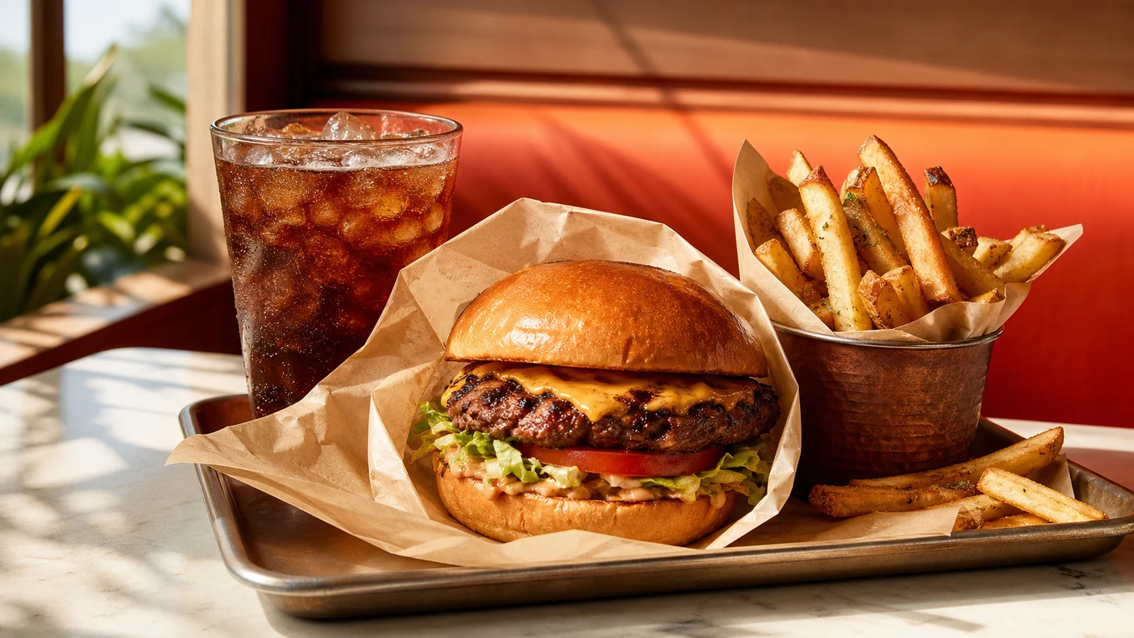 A freshly grilled burger, fries, and drink sit on a warm restaurant tray.