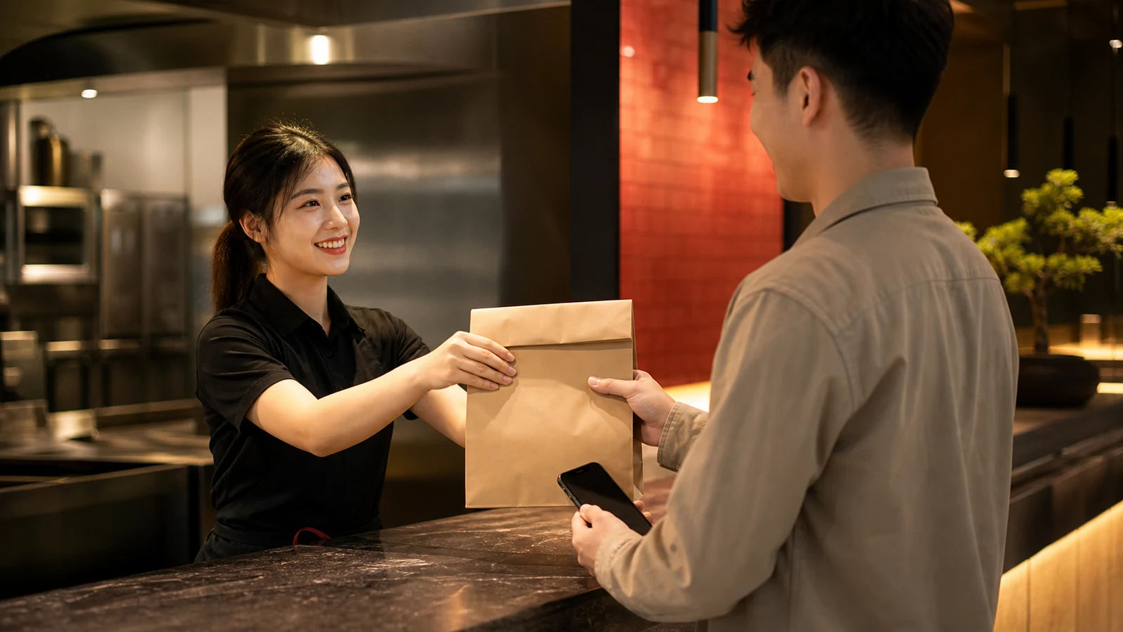 A restaurant employee hands an unbranded pickup order to a guest.