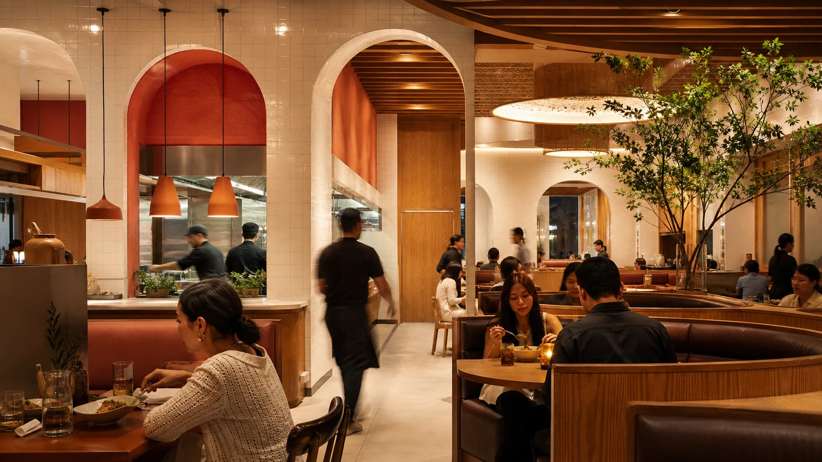A contemporary restaurant uses warm wood, cream tile, rounded forms, and red-orange accents.