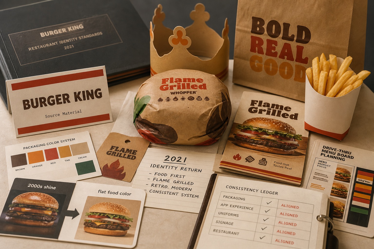 Premium editorial archive still-life of a Burger King retro identity return case with a Burger King source-mark card, burger wrapper, fries carton, crown, packaging colors, 2021 identity note, and restaurant consistency ledger