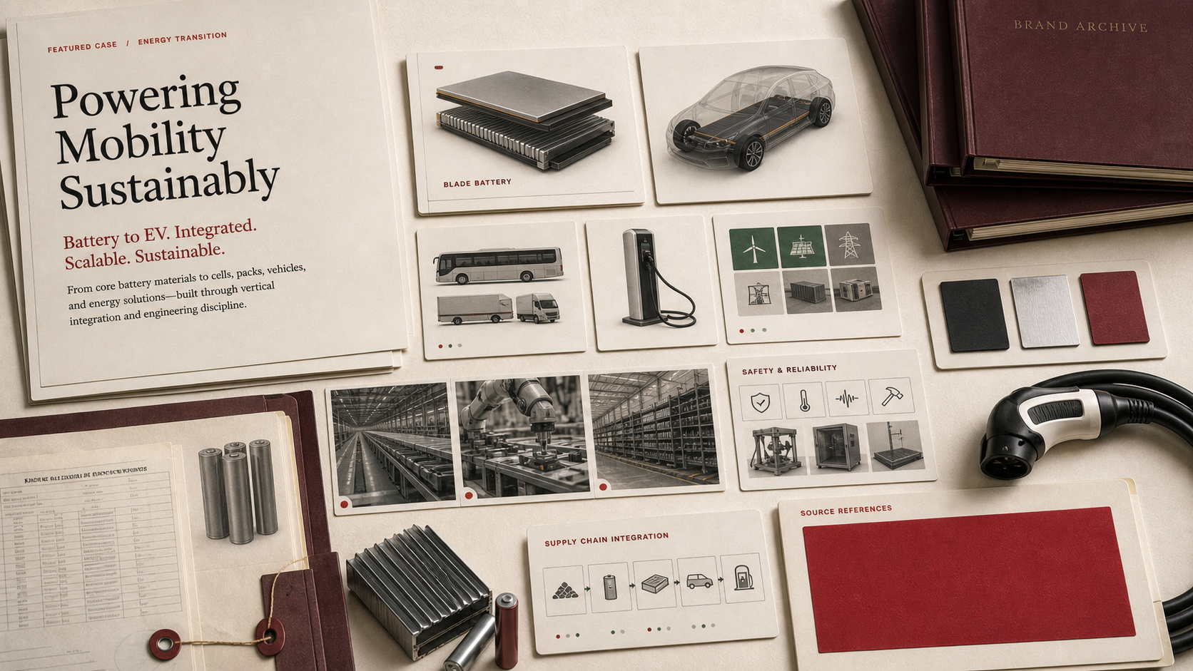 Premium editorial archive still-life of a BYD battery-to-EV integration case with battery module card, electric vehicle card, bus and truck cards, charging cable, manufacturing photos, safety sheet, supply-chain integration map, and red source card