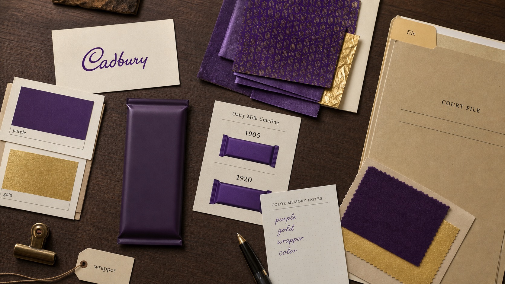 Premium editorial archive still-life of a Cadbury purple wrapper color memory case with a source-mark card, purple and gold swatches, plain chocolate bar silhouette, timeline card, color notes, and court file folder