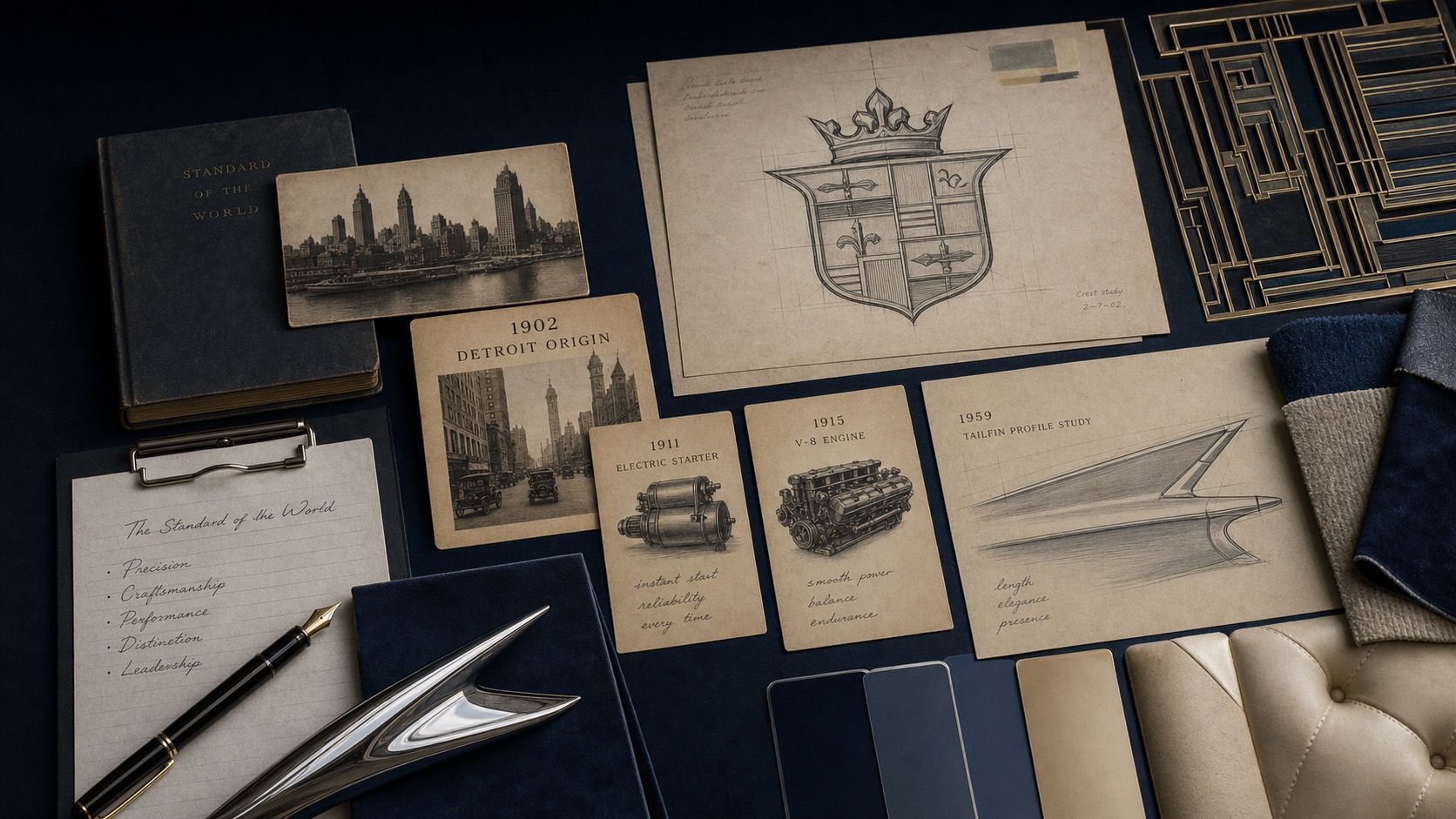 Premium editorial archive still-life of a Cadillac crest case with shield crest study, 1902 Detroit origin card, 1911 electric starter note, 1915 V8 card, 1959 tailfin profile sketch, chrome trim sample, Art Deco grid, and upholstery swatches