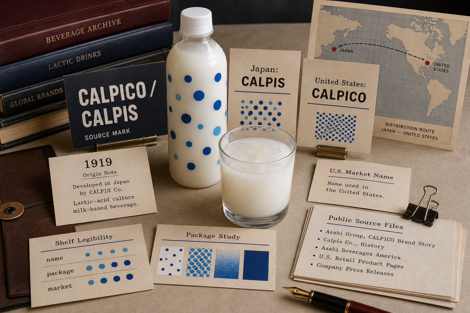 Premium editorial archive still-life of a CALPICO and CALPIS U.S. name adaptation case with a source-mark card, white lactic drink bottle, glass, Japan and United States name cards, route map, origin note, and shelf-legibility study