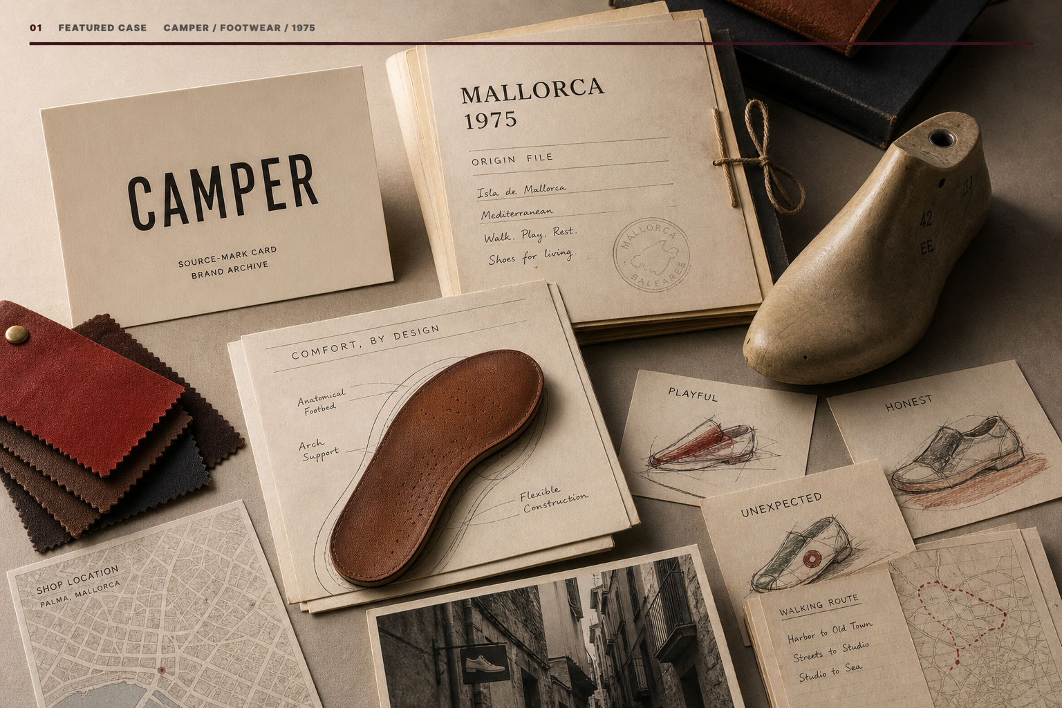 Premium editorial archive still-life of a Camper Mallorca shoe design case with source-mark card, leather swatches, Mallorca origin file, shoe last, insole diagram, product sketch cards, shop map, and walking route note