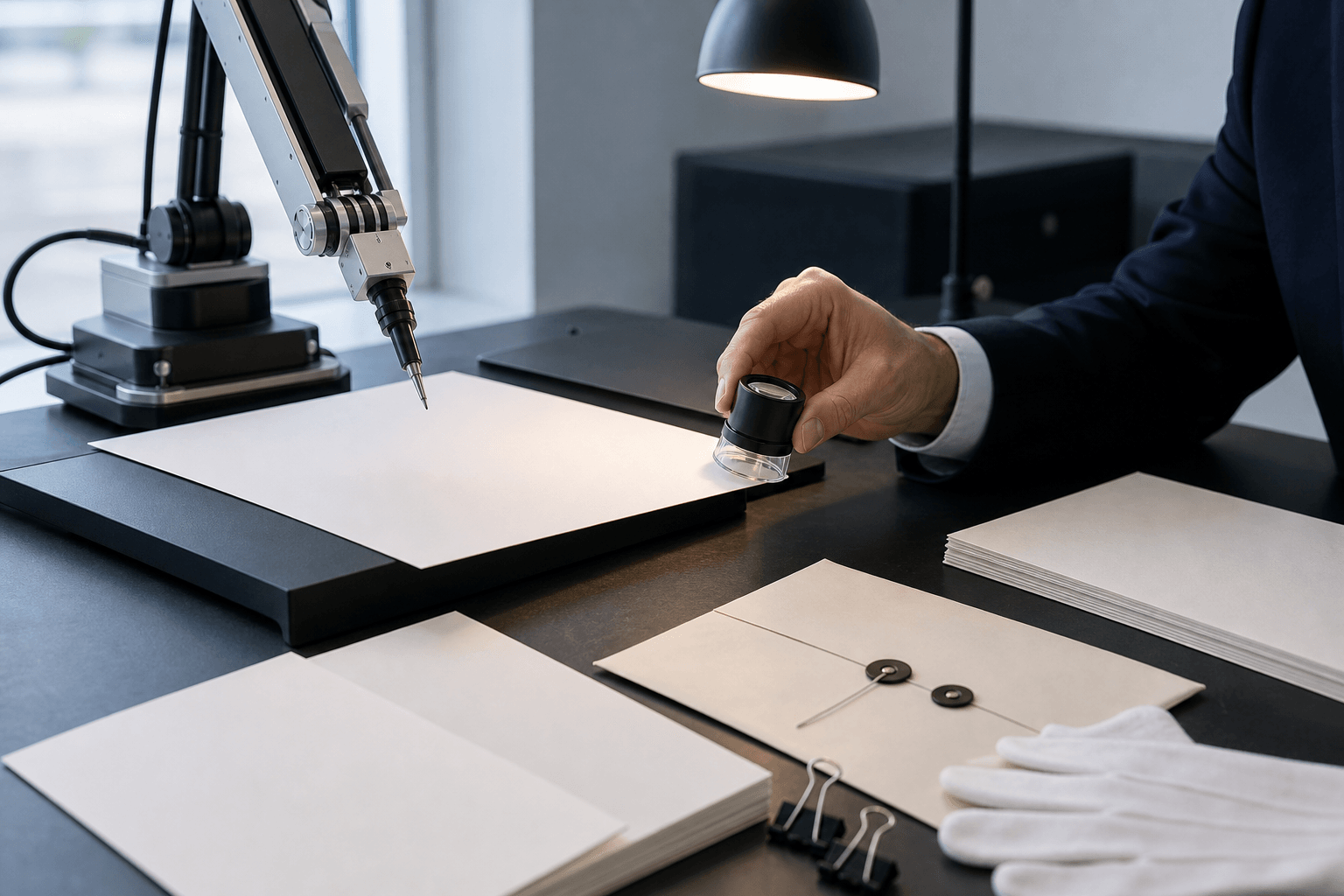 A human reviewer inspecting blank mark material beside a paused robotic drawing arm.