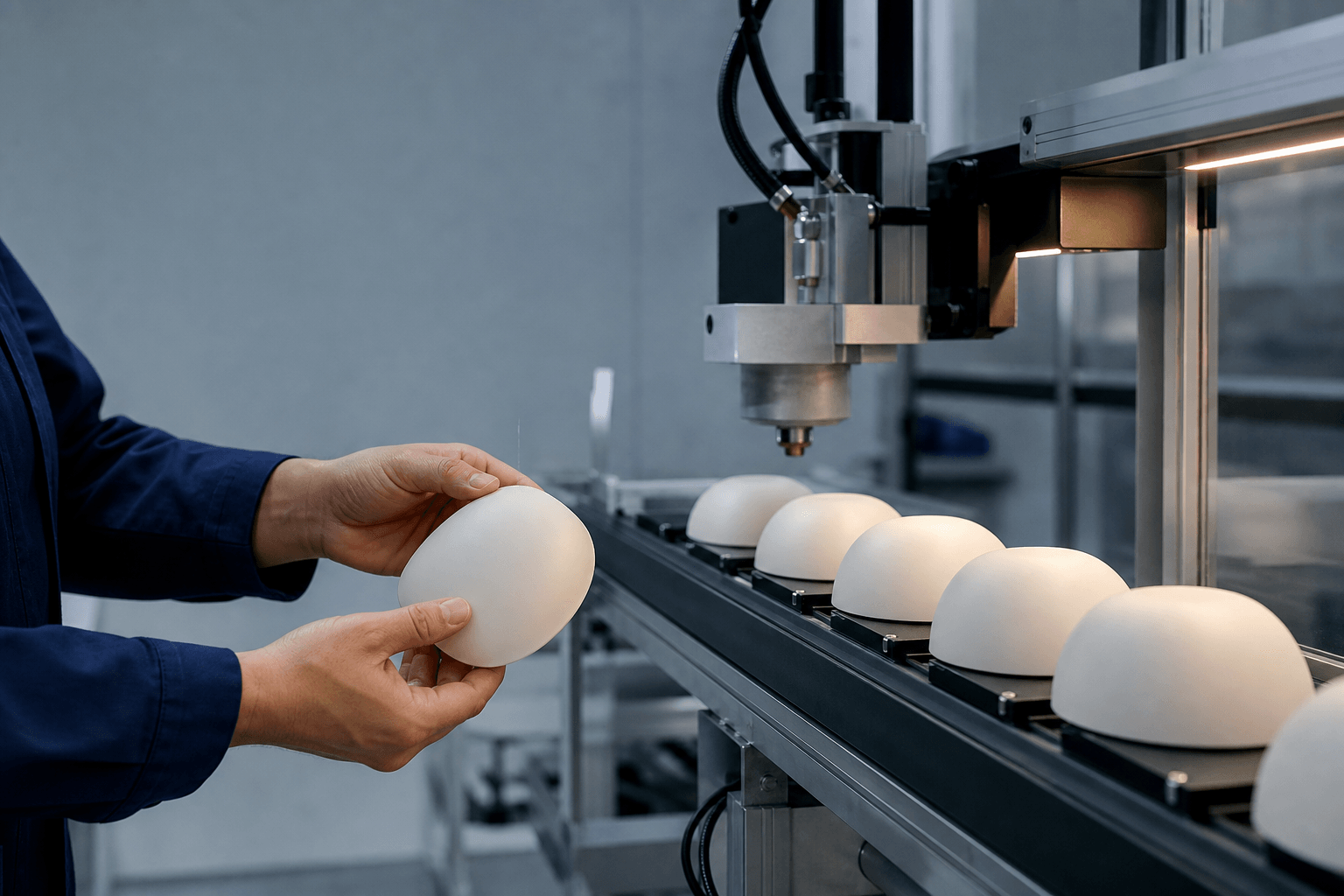 A human reviewer removing a blank product shell from a paused marking line before any mark is applied.