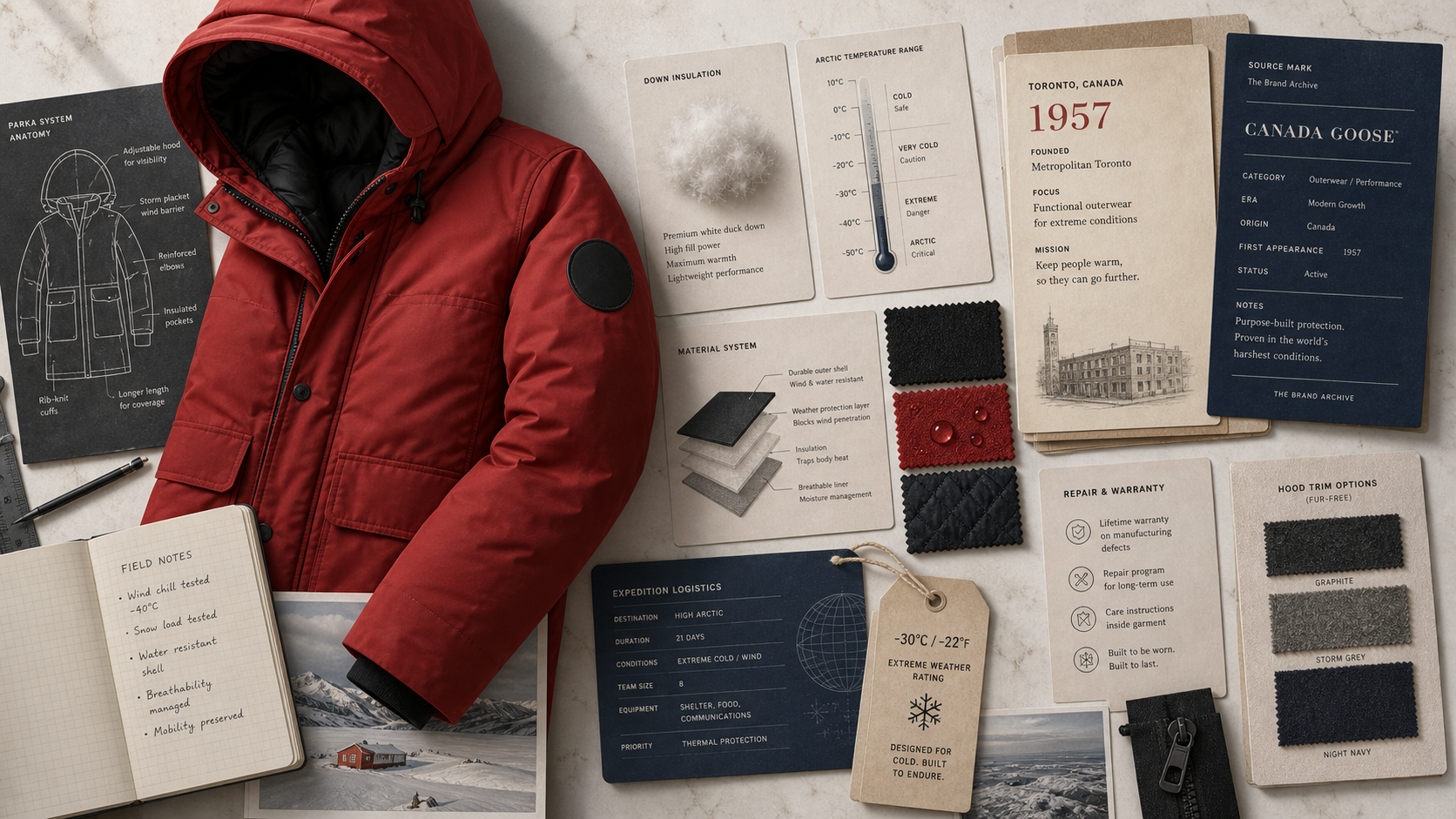 Premium editorial archive still-life of a Canada Goose extreme-weather parka case with red parka, source-mark card, down insulation file, temperature chart, Toronto 1957 origin card, expedition logistics tag, and repair notes